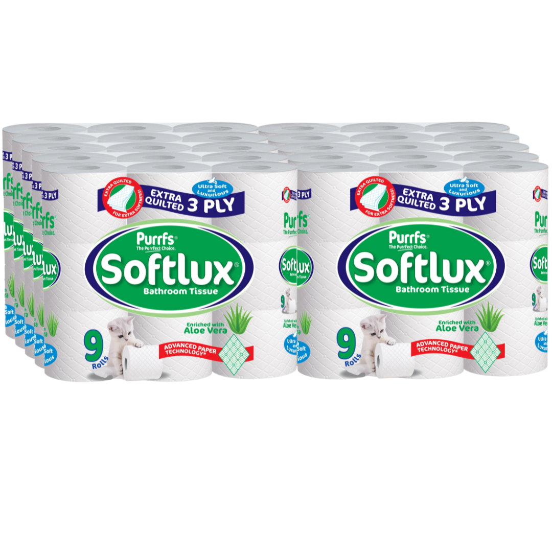 90 Rolls Purrfs Softlux Aloe Vera 3 Ply Toilet Rolls 150 sheets Per Roll 90 Rolls Purrfs Softlux Aloe Vera 3 Ply Toilet Rolls 150 sheets Per Roll